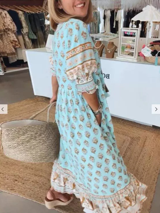 Robe Évasée Imprimée à Col V et Manches Bouffantes