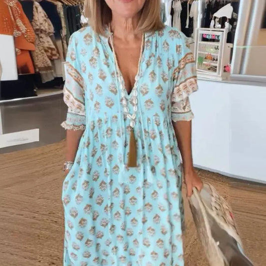Robe Évasée Imprimée à Col V et Manches Bouffantes