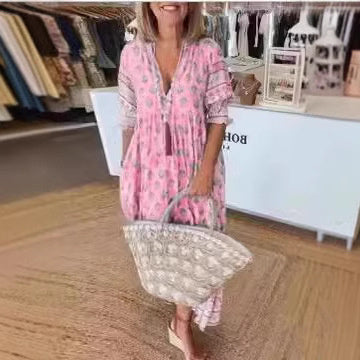 Robe Évasée Imprimée à Col V et Manches Bouffantes